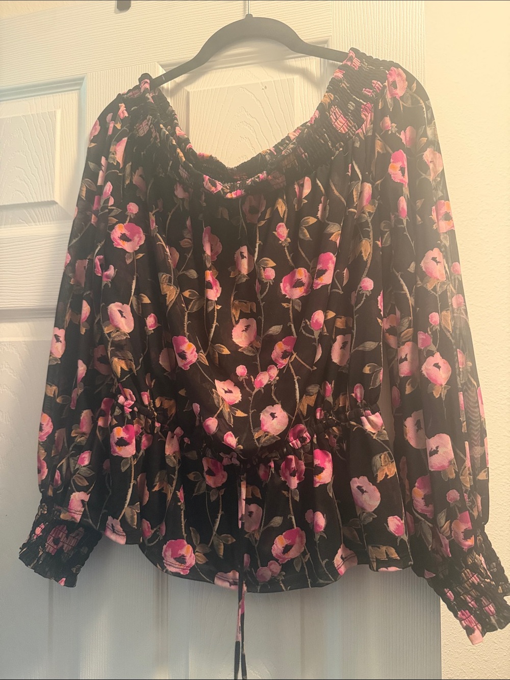 White House Black Market Black Off-Shoulder Floral Blouse with Pink Blooms - Picture 5 of 5